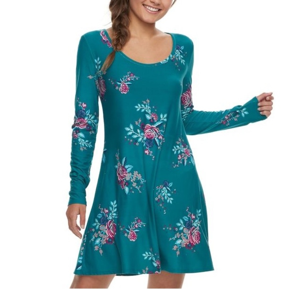 Juniors' Mudd Teal Floral Tunic Cross Open Back Medium